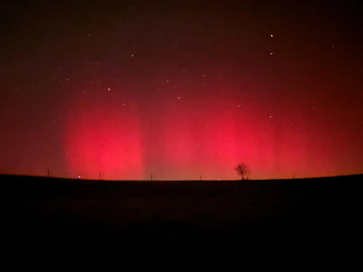 Man sieht grüne, violette und pinke Polarlichter am dunklen Nachthimmel.
